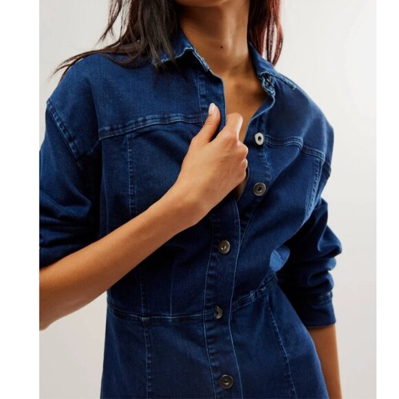 #46 NWT Free People Amber Denim Dress in Dark Indigo - Picture 2 of 6